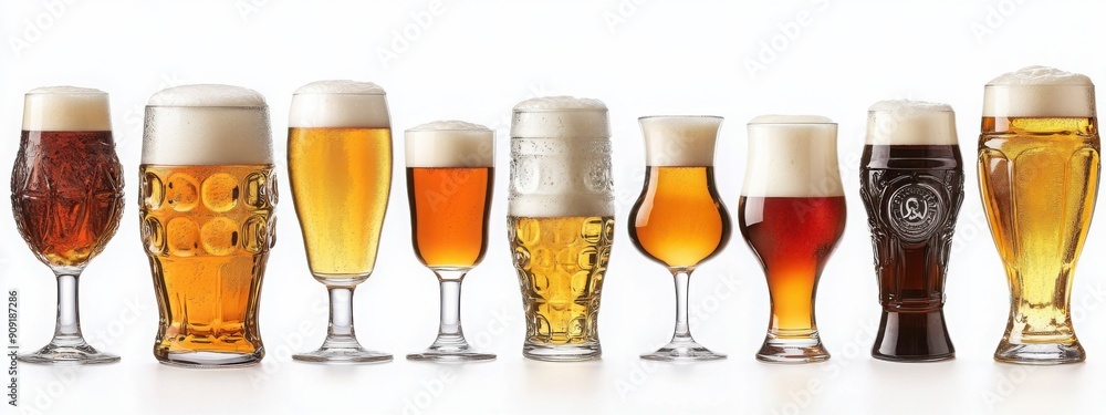 Poster med-shot of collection of beer glasses with different types and sizes isolated on a white background