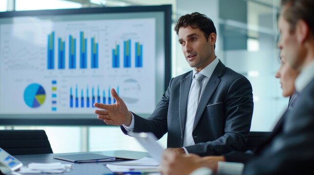 An actuary presenting actuarial findings and recommendations to company executives in a boardroom meeting.