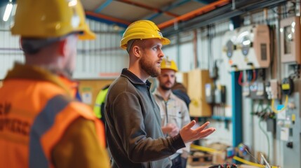 An electrician demonstrating electrical safety practices to a group of apprentices in a workshop.