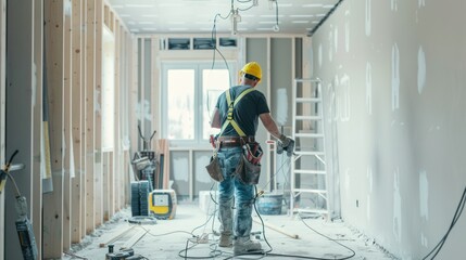 Fototapeta premium Electrical mechanic installing wiring in a new construction site
