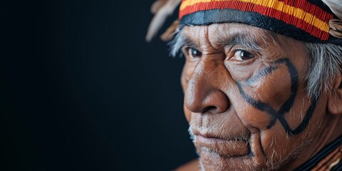 Obraz premium Guardian of Ancient Wisdom: A portrait of an indigenous elder, adorned with traditional markings, exudes wisdom and resilience against a stark background. 