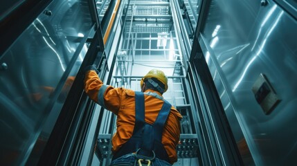 Elevator mechanic inspecting elevator cables in a high-rise building shaft