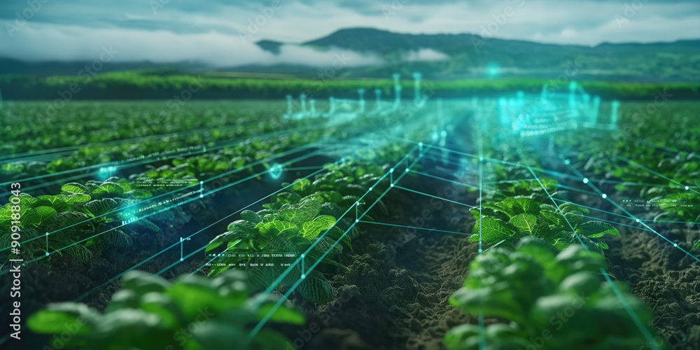 Poster a sprawling potato field with rows of green plants, augmented by virtual screens displaying data on 