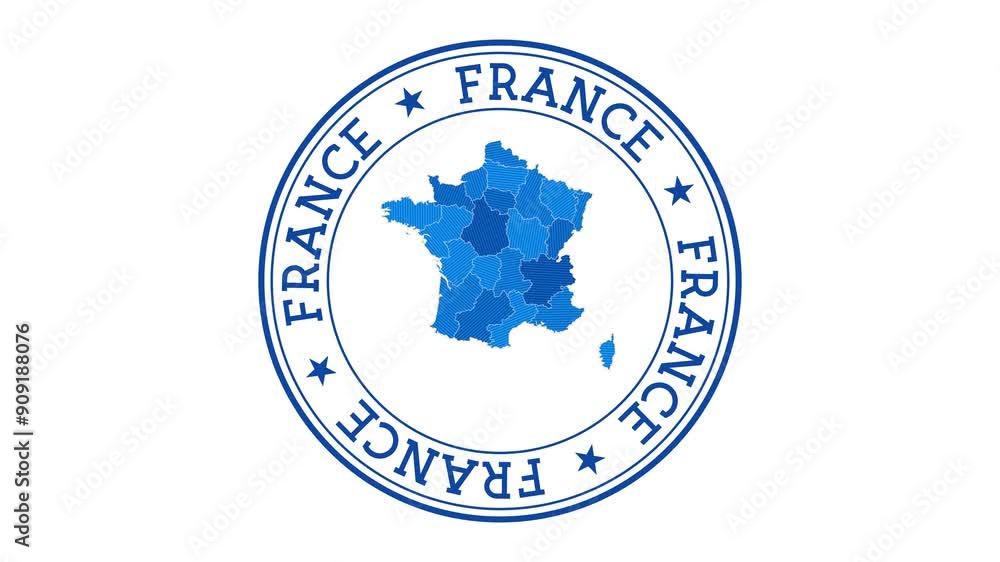 Poster france intro. badge with the circular name and map of country. france round logo animation.