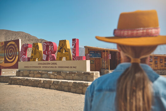  Young Latin woman in archaeological site of the Sacred City of Caral, Peru.