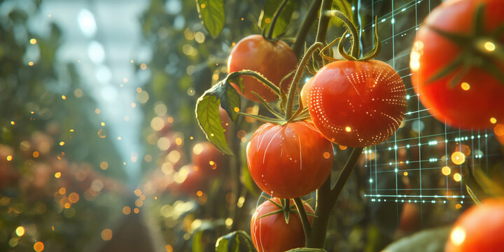 Smart farming in a tomato greenhouse. Close-up of ripe tomatoes with digital data overlays, highlighting modern agricultural technology, precision farming, and IoT in controlled environments. - Powered by Adobe