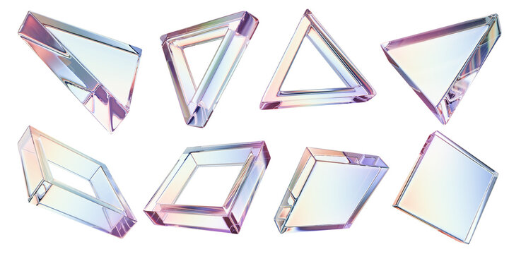 3D transparent triangle square glasses composition, abstract geometric crystal pyramid rectangle. Futuristic holographic plastic effect object, purple glossy different angle shape. Rainbow 3D square