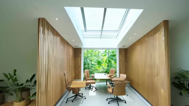 camera flies through a modern, eco-friendly home office featuring bamboo furniture and a large skylight. Motion blur adds dynamic sense of movement while natural light from skylight creates bright  