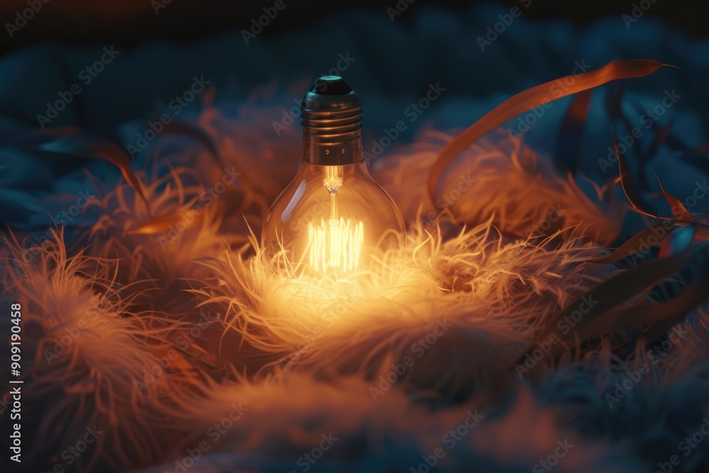 Poster a single light bulb resting on a stack of soft feathers, great for background or decorative purposes