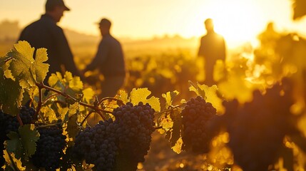 Workers beginning their day in a vineyard at sunrise, with dewy grapes glistening in the early morning light