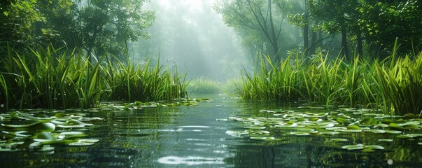 Fototapeta premium Wetland creation project with flood mitigation and wildlife studies, [wetland creation], [flood mitigation study]