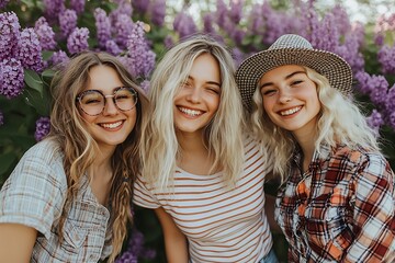 Obraz premium Three smiling young women stand in front of a purple flower bush.