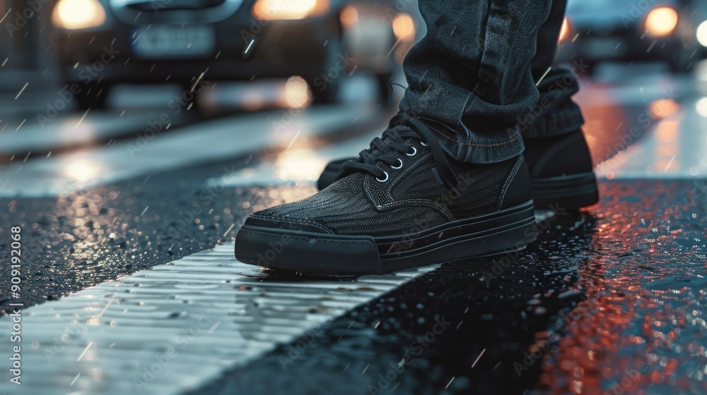 Poster a person standing on a sidewalk getting wet in the rain, ideal for use in weather-related or everyda