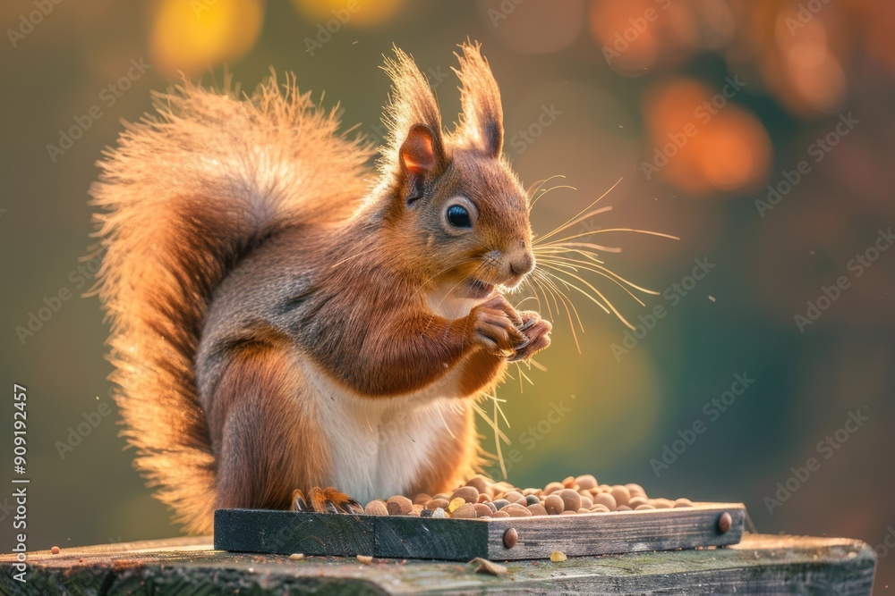 Poster a close-up of a squirrel enjoying nuts on a wooden table