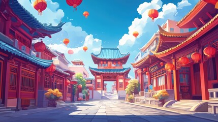 Cartoon illustration of a Chinese city, with traditional architecture and vibrant colors.