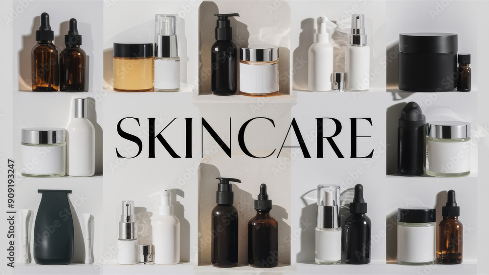 Poster A group of bottles and jars with the words skin care, AI