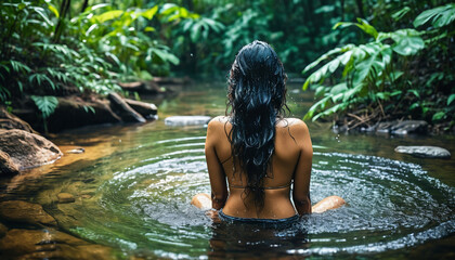 Fototapeta premium Mysterious Indian woman enjoying in water and rain