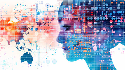 Obraz premium Abstract digital face silhouette with global network and data visualization