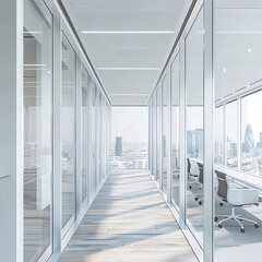 Obraz premium White office room interior with glass wall and city 