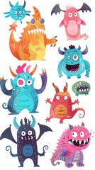 Fototapeta premium A variety of playful cartoon monsters displaying unique features and vibrant colors in a whimsical arrangement