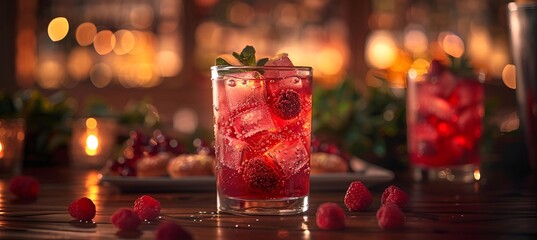 a glass of red drink with ice and berries.

