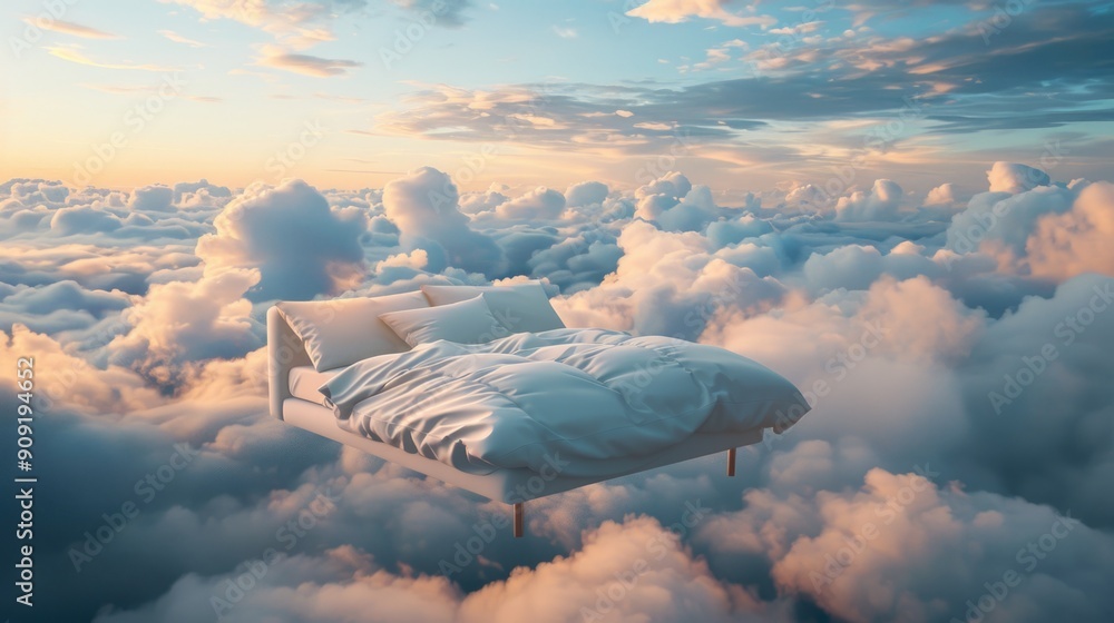 Poster a bed is situated in the midst of a cloudy sky, offering a unique and surreal atmosphere