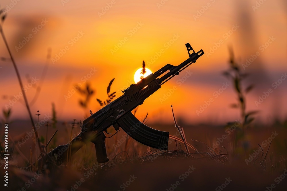 Poster a machine gun sits amidst a field, available for use in various scenarios such as military or war-re