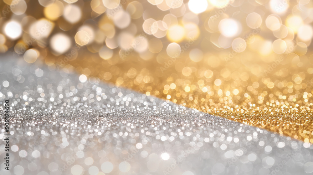 Poster a sparkling background showcasing shimmering silver and gold textures with soft bokeh lights, perfec