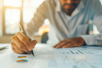A professional analyzing financial data on a document, showcasing graphs and charts while working in an office environment.