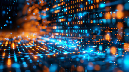 Obraz premium Abstract digital data flow with glowing binary code and bokeh lights