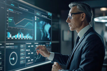 Businessman analyzing data on a sleek digital screen in a modern office, showcasing advanced technology and analytics.