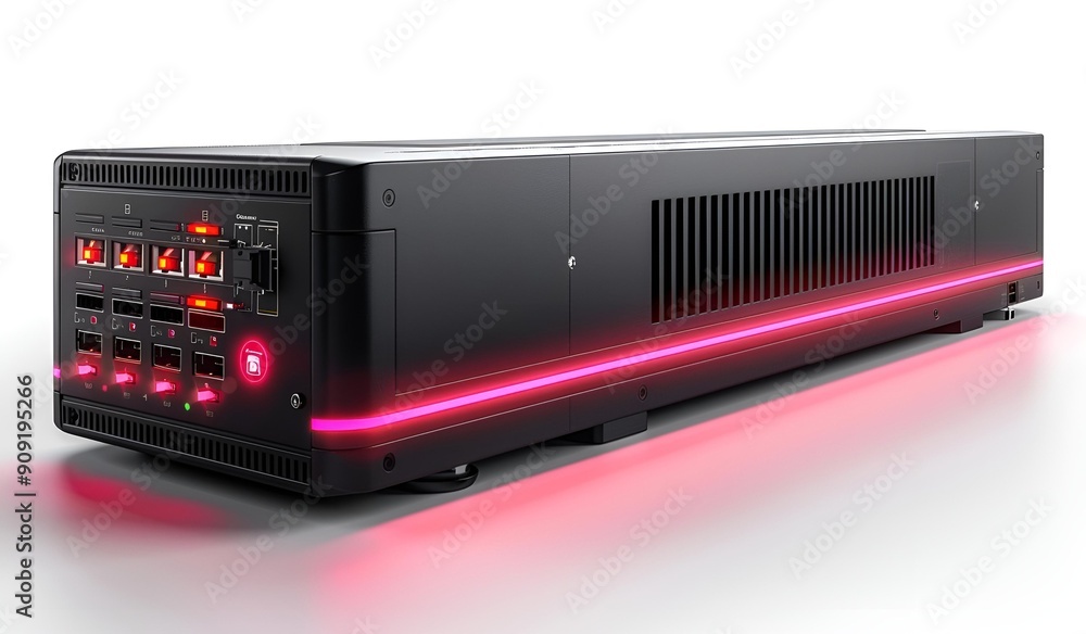 Poster a black rectangular device with red lights.