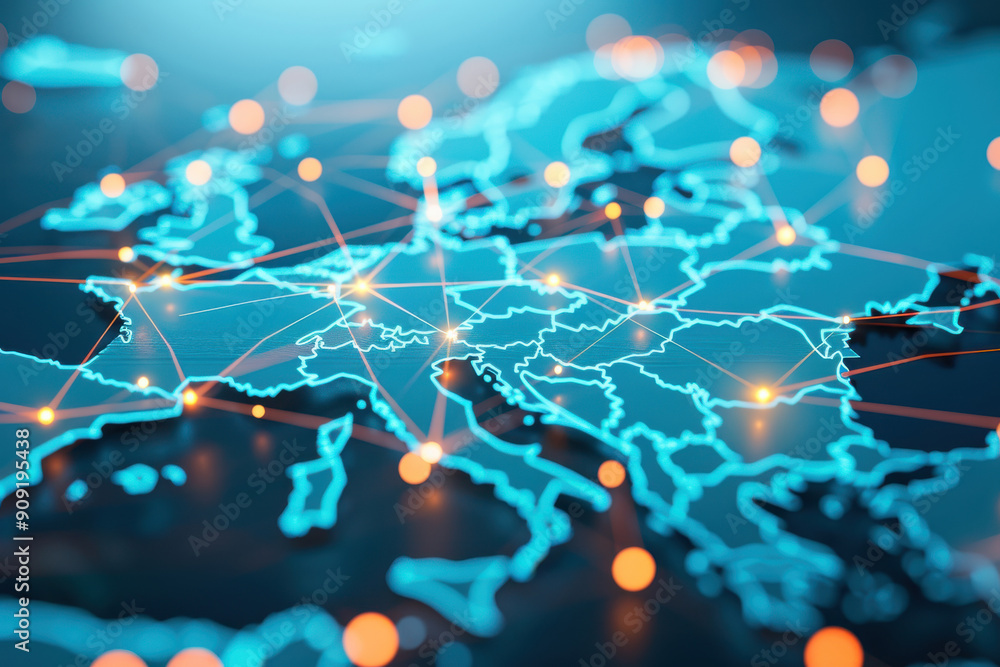 Poster illuminated digital map of europe showcasing connections through technology and data networks.