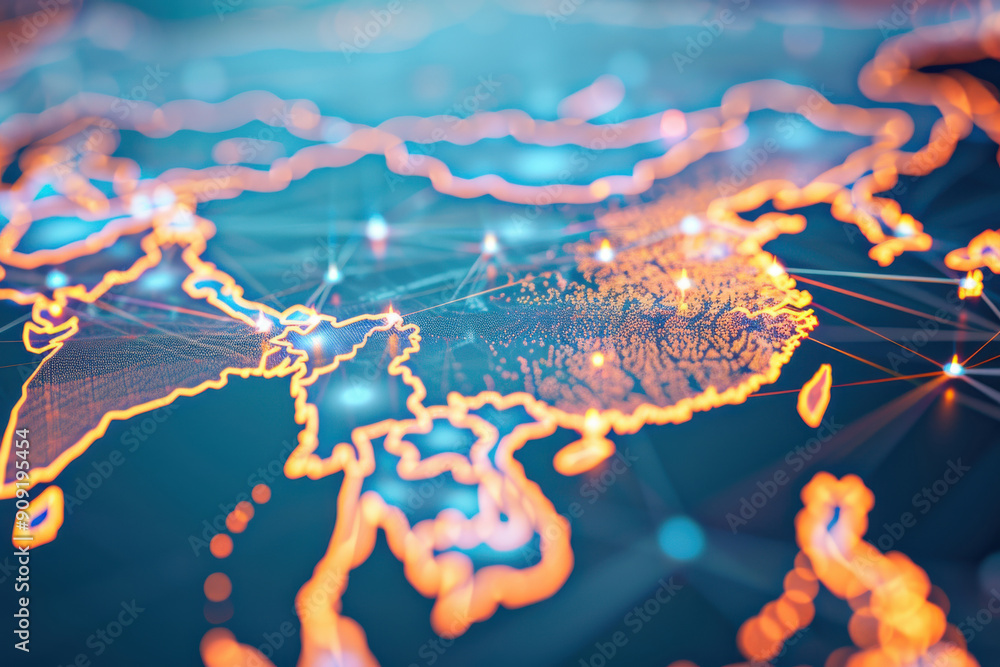 Poster illuminated map of asia, showcasing digital connections and network patterns, symbolizing technology