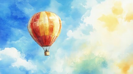 Obraz premium Watercolor Painting of a Hot Air Balloon Soaring Through a Cloudy Sky