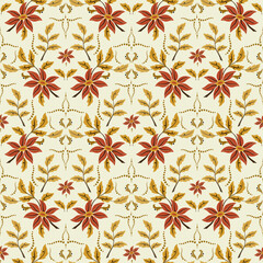 Big flowers seamless pattern. Bouquet of autumn flowers and leaves in ethnic style. Symmetrical folk floral brown red greeting card design. Cozy design for wallpaper, home textile.