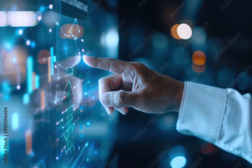 Poster a virtual touch screen displaying real-time ai analytics as a businessman makes adjustments