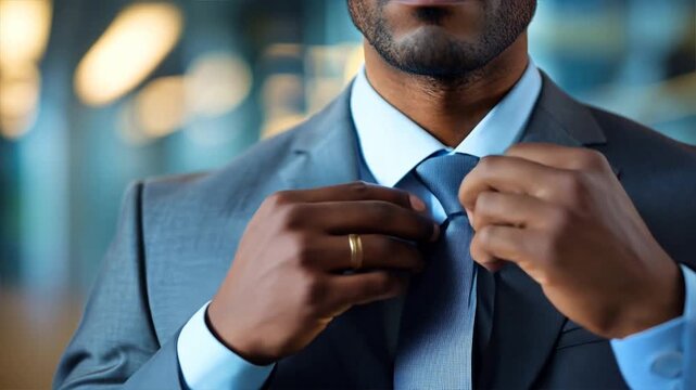 A man in a suit and tie is getting ready to go out. He is adjusting his tie and looking at the camera. Concept of professionalism and formality, as the man is dressed in a suit and tie