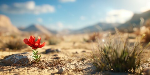 Create a scene of a desert flower blooming despite the harsh conditions