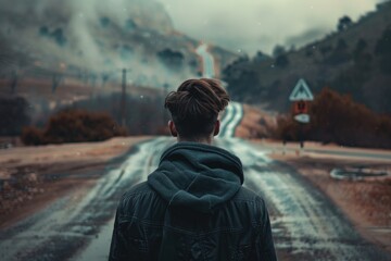 Fototapeta premium A single individual standing in the center of a road, ready to continue their journey