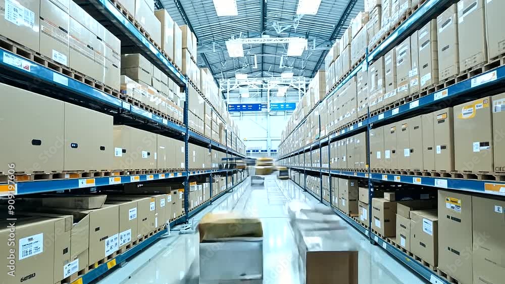 Poster a time-lapse video capturing the fast-paced activity at a distribution center, showcasing the entire