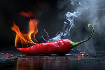 A single red hot chili pepper sits on a table, awaiting use in a recipe or as a decorative accent