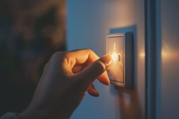 A person turns on a light switch on the wall