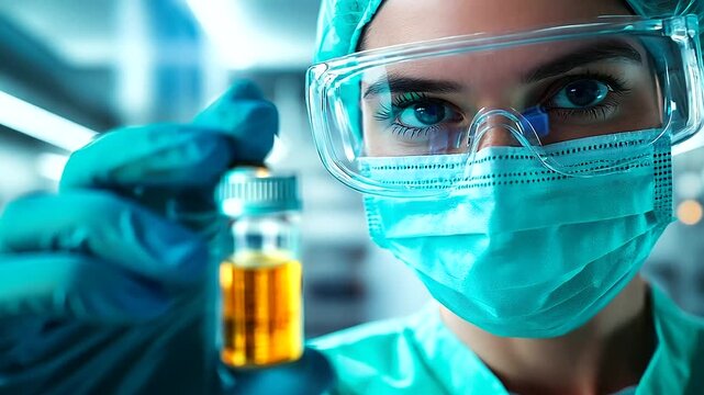 A technologist holding a sample of a new pharmaceutical product in a sterile environment