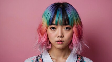 Fototapeta premium Girl with multicolored hair isolate. Place for text