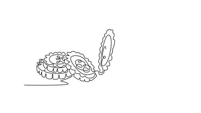 Animated self drawing of continuous line draw half and sliced healthy organic raw bitter gourd for farm logo identity. Fresh bitter melon concept for vegetable icon. Full length single line animation