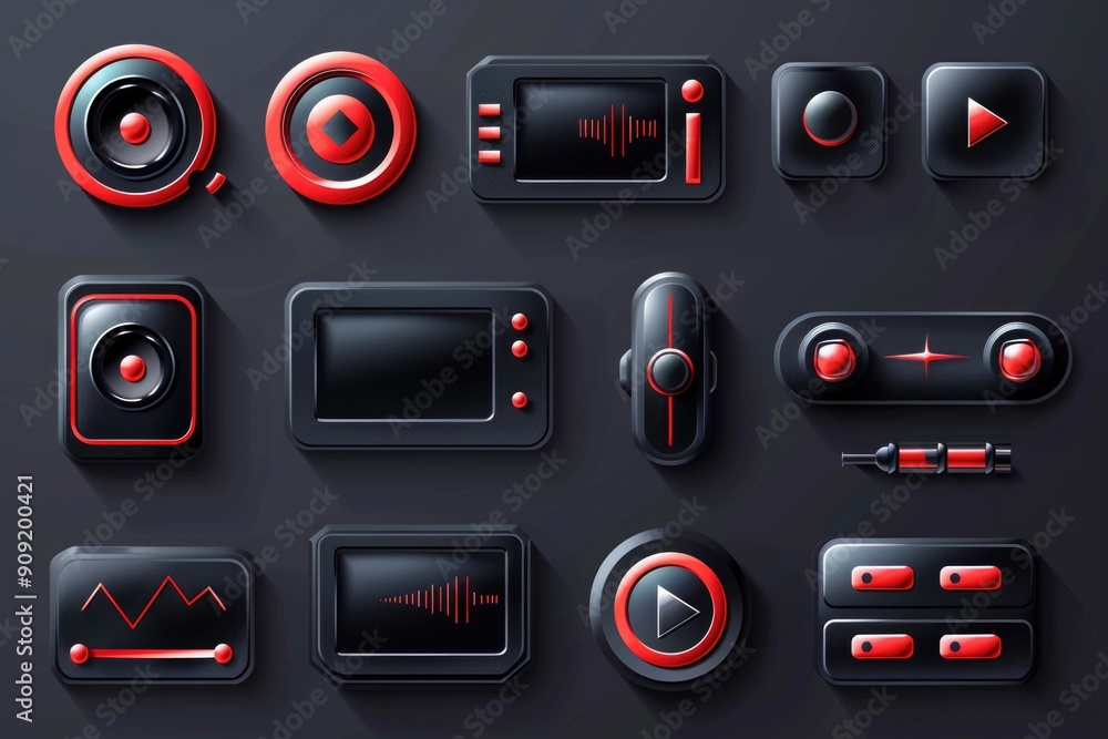 Aufkleber A collection of electronic buttons and controls on a dark background