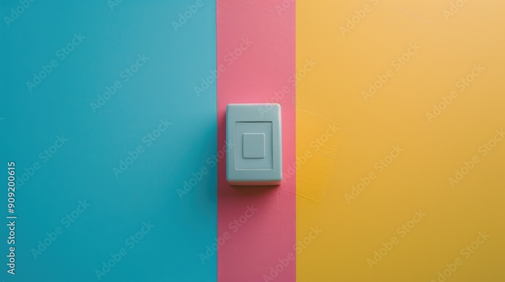 Poster a single white light switch sits atop a vibrant and textured wall, perfect for use in designs focuse