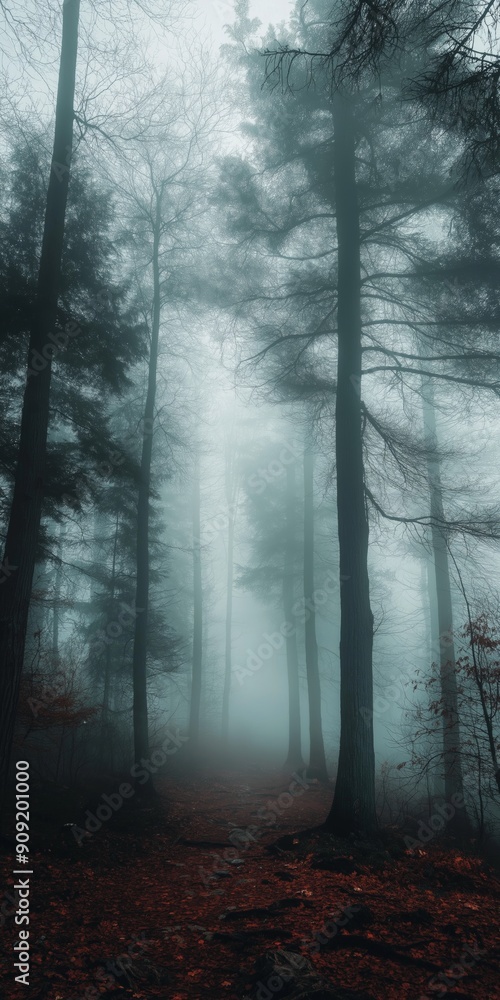 Poster a forest with foggy trees and a path. scene is mysterious and serene