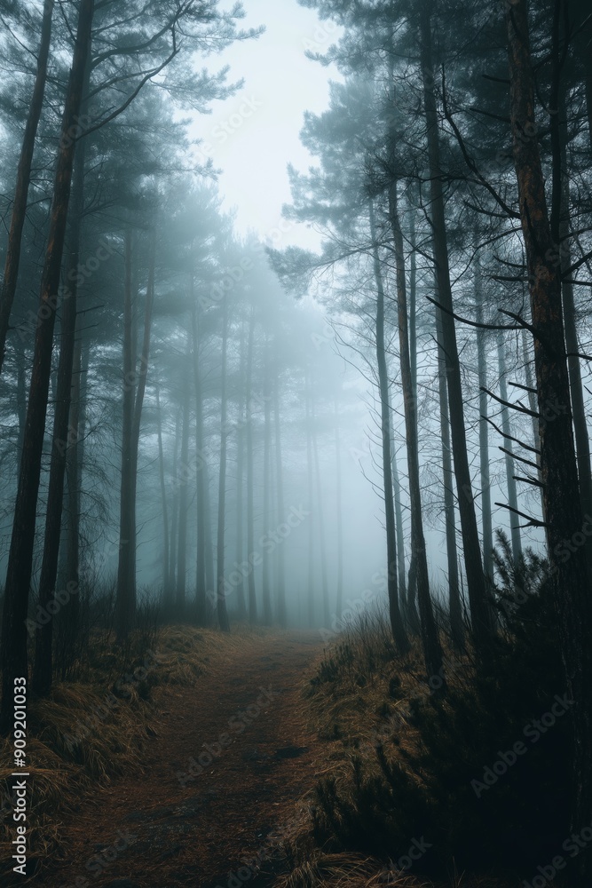 Poster a forest path is shown in the fog. the trees are tall and the path is narrow. the fog is thick and t